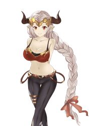 Rule 34 | 1girl, aliza (granblue fantasy), arms behind back, bad id, bad pixiv id, breasts, cleavage, commentary request, draph, granblue fantasy, hair ribbon, headpiece, highres, horns, large breasts, long hair, looking at viewer, midriff, navel, noro (akatuki 1110), pants, pointy ears, red eyes, ribbon, silver hair, smile, solo, thigh gap, tight clothes, tight pants, very long hair