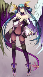 Rule 34 | 1girl, a.q.u.a, arc system works, bare shoulders, blue hair, boots, bow, dizzy (guilty gear), guilty gear, hair bow, hair ornament, long hair, midriff, navel, necro (guilty gear), pink eyes, simple background, solo, tail, thighhighs, twintails, undine (guilty gear), wings