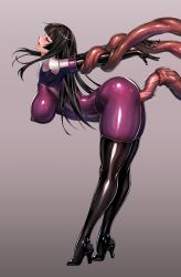 Rule 34 | 1girl, bent over, black gloves, black hair, black thighhighs, blush, bodysuit, boots, bound, bound arms, breasts, clothed sex, creature, elbow gloves, full body, gloves, gradient background, half-closed eyes, head back, high heel boots, high heels, highres, hime cut, kamori sayaka, large breasts, latex, latex bodysuit, latex boots, latex gloves, long hair, motion lines, open mouth, original, penetration through clothes, purple bodysuit, purple eyes, rindou (radical dream), shiny clothes, skin tight, tentacle sex, tentacles, thick thighs, thigh boots, thighhighs, thighs, through clothes, vaginal