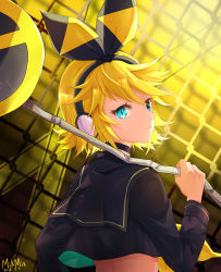 Rule 34 | 1girl, 2018, artist name, black hairband, black sailor collar, black shirt, blonde hair, blue eyes, bow, crop top, dated, from behind, frown, hair bow, hairband, headphones, heterochromia, highres, holding, kagamine rin, long sleeves, looking at viewer, looking back, midriff, mikmix, rettou joutou (vocaloid), sailor collar, shirt, short hair, solo, upper body, vocaloid