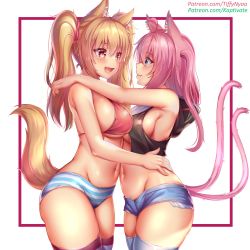 Rule 34 | 2girls, ahoge, animal ear fluff, animal ears, bikini, bikini top only, blonde hair, blue eyes, blush, breasts, cat ears, cat tail, closed mouth, collaboration, fang, hair between eyes, highres, hug, kaptivate, large breasts, long hair, looking at another, multiple girls, multiple tails, navel, nekomia (kaptivate), nottytiffy, open mouth, original, panties, patreon username, pink hair, red eyes, short shorts, shorts, simple background, slit pupils, smile, striped clothes, striped legwear, striped panties, swimsuit, tail, thighhighs, tiffy (nottytiffy), twintails, underwear, watermark, web address, white legwear, yellow eyes, yuri
