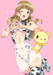 Rule 34 | &gt; o, 1girl, ;d, alternate costume, animal print, blue eyes, blush, boots, brown hair, cow print, heart, heart hands, highres, long hair, looking at viewer, mewkledreamy, navel, one eye closed, open mouth, peko (mewkledreamy), pink background, see-through, simple background, smile, star (symbol), sugarbeat, symbol-only commentary, thigh boots, thighhighs, tsukishima maira, white background, white footwear