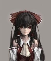 Rule 34 | 1girl, arms at sides, ascot, bow, closed mouth, detached sleeves, grey background, gyup91, hair bow, hair over shoulder, hair tubes, hakurei reimu, highres, lips, long hair, looking at viewer, red eyes, revision, ribbon-trimmed sleeves, ribbon trim, solo, touhou, upper body, very long hair
