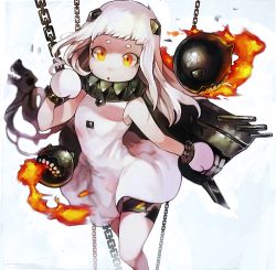 Rule 34 | 10s, 1girl, abyssal ship, ahoge, bad id, bad pixiv id, chain, colored skin, dress, enemy aircraft (kancolle), freng, horns, kantai collection, long hair, looking at viewer, machinery, mittens, northern ocean princess, orange eyes, turret, white dress, white hair, white skin