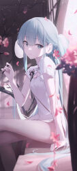 Rule 34 | 1girl, absurdres, arm support, bare legs, blue eyes, blue hair, breasts, china dress, chinese clothes, cleavage cutout, closed mouth, clothing cutout, crossed legs, dress, flower, from side, gnns, hand fan, hatsune miku, highres, holding, long hair, looking at viewer, looking to the side, motion blur, paper fan, pelvic curtain, petals, pink flower, ponytail, shaohua hatsune miku, short sleeves, sidelocks, sitting, small breasts, smile, solo, thighs, very long hair, vocaloid, white dress
