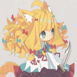 Rule 34 | 1girl, ahoge, animal ear fluff, animal ears, blonde hair, blue eyes, bow, brown gloves, capelet, closed mouth, collared shirt, copyright request, elbow gloves, frilled capelet, frills, gloves, green bow, grey background, hair bow, highres, holding, holding knife, knife, long hair, looking away, naruka ruka, red bow, red ribbon, ribbon, shirt, simple background, solo, tail, tail raised, upper body, white capelet, white shirt