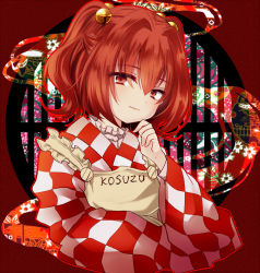 Rule 34 | 1girl, apron, bell, blush, checkered clothes, checkered kimono, clothes writing, hair bell, hair ornament, japanese clothes, jingle bell, kimono, long sleeves, looking at viewer, motoori kosuzu, open mouth, red eyes, red hair, short hair, smile, solo, touhou, twintails, two side up, uranaishi (miraura), wide sleeves