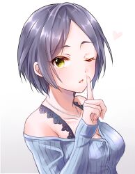 Rule 34 | 1girl, bare shoulders, black bra, black hair, blue shirt, bra, bra strap, breasts, chii (sbshop), cleavage, collarbone, dot nose, from side, hand up, hayami kanade, heart, highres, idolmaster, idolmaster cinderella girls, idolmaster cinderella girls starlight stage, index finger raised, jewelry, long sleeves, looking at viewer, medium breasts, necklace, off-shoulder shirt, off shoulder, one eye closed, open mouth, parted bangs, pink nails, shirt, short hair, simple background, solo, striped clothes, striped shirt, underwear, upper body, white background, yellow eyes