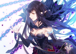 Rule 34 | 1girl, bare shoulders, black dress, black hair, breasts, bridal gauntlets, chain, cleavage, closed mouth, commentary request, dress, fate/apocrypha, fate (series), fingernails, fur trim, hand up, long hair, looking away, medium breasts, nail polish, orange eyes, pink nails, pointy ears, ryuuki (hydrangea), semiramis (fate), smile, solo, spikes, strapless, strapless dress, very long hair, white background