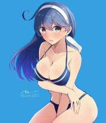 Rule 34 | 10s, 1girl, 2015, ahoge, alternate costume, artist name, bikini, black hair, blue background, blush, breast rest, breasts, cleavage, dated, female focus, headband, kantai collection, large breasts, long hair, looking at viewer, open mouth, shiny skin, signature, simple background, solo, strap gap, swimsuit, tebi (tbd11), ushio (kancolle)