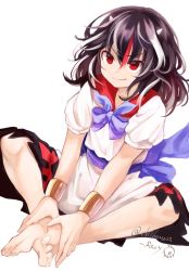 Rule 34 | 1girl, artist name, barefoot, black hair, blue bow, blue sash, bow, bracelet, chikuwa savy, commentary request, cone horns, dorsiflexion, dress, hair between eyes, highres, horns, indian style, jewelry, kijin seija, long hair, looking at viewer, multicolored hair, puffy short sleeves, puffy sleeves, red eyes, red hair, red sailor collar, sailor collar, sash, short dress, short sleeves, simple background, sitting, smile, solo, streaked hair, touhou, twitter username, white background, white dress, white hair