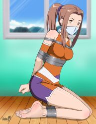 Rule 34 | absurdres, arms behind back, bdsm, bondage, bound, bound ankles, bound arms, bound wrists, breasts, brown eyes, brown hair, cloth gag, digimon, digimon adventure tri., gag, gagged, highres, improvised gag, legs, looking at viewer, medium breasts, over the nose gag, shadow xcp, tachikawa mimi, thighs
