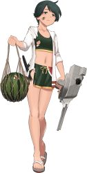 Rule 34 | 1girl, adapted turret, bad id, bad twitter id, bikini, black hair, burnt clothes, cannon, defeat, dirty, dirty face, food, fruit, full body, green bikini, green shorts, kantai collection, midriff, mismatched bikini, mogami (kancolle), mogami kai ni (kancolle), multicolored clothes, navel, official art, sandals, shibafu (glock23), short hair, shorts, solo, sweater, swimsuit, tachi-e, third-party source, torn clothes, transparent background, turret, watermelon, white bikini