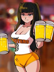 Rule 34 | 1girl, alternate costume, beer mug, black eyes, black hair, breasts, cleavage, cup, embarrassed, employee uniform, female focus, fire emblem, fire emblem awakening, frown, highres, holding, holding cup, hooters, large breasts, long hair, looking at viewer, mnejing30, mug, nintendo, orange shorts, restaurant, revealing clothes, short shorts, shorts, solo, tank top, tharja (fire emblem), two side up, uniform, waitress