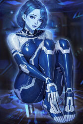 Rule 34 | 1girl, blue eyes, blue hair, blue lips, blue skin, blurry, blurry background, bodysuit, breasts, colored skin, cortana, halo (series), halo infinite, highres, looking at viewer, medium breasts, neoartcore, short hair, solo