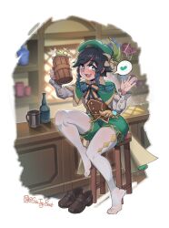 Rule 34 | 1boy, bar (place), beer mug, beret, black hair, blue hair, blush, braid, cape, chair, collared cape, commentary, cup, drunk, english commentary, feet, flower, frilled sleeves, frills, full body, genshin impact, gradient hair, green cape, green eyes, green hat, green shorts, grey thighhighs, hands up, hat, hat flower, heart, highres, holding, knee up, legs, looking at viewer, male focus, motion lines, mug, multicolored hair, open mouth, shadow, shoes, shorts, side braids, sin (sintrybest), sitting, solo, spoken heart, thighhighs, thighs, toes, trap, twitter username, unworn shoes, unworn thighhighs, venti (genshin impact), waving, white thighhighs