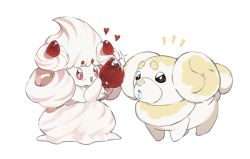 Rule 34 | alcremie, alcremie (vanilla cream), animal focus, black eyes, bread, commentary request, creatures (company), dog, fidough, food, fruit, game freak, gen 8 pokemon, heart, holding, holding food, lingzi, nintendo, no humans, open mouth, pokemon, pokemon (creature), red eyes, saliva, strawberry, white background