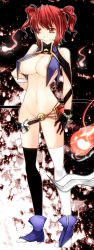 Rule 34 | 1girl, aoshima, black thighhighs, censored, coin, convenient censoring, female focus, gloves, groin, highres, narrow waist, navel, no bra, no panties, onozuka komachi, red eyes, red hair, scythe, smile, solo, thighhighs, touhou, twintails, two side up, white thighhighs