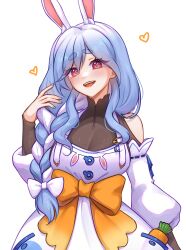 Rule 34 | 1girl, animal ear fluff, animal ears, arynah, blue hair, blush, bow, braid, braided ponytail, breasts, carrot, carrot in pocket, cleavage, detached sleeves, highres, hololive, large breasts, long hair, looking at viewer, mature female, multicolored hair, open mouth, pekomama, rabbit ears, rabbit girl, red eyes, see-through, see-through cleavage, short eyebrows, smile, solo, thick eyebrows, virtual youtuber, white hair