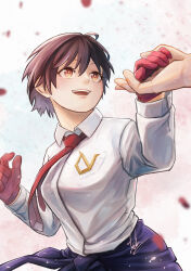 Rule 34 | 1girl, absurdres, black hair, brown eyes, commentary request, eyelashes, gloves, happy, highres, holding hands, izumo fuuko, necktie, red gloves, red necktie, shirt, short hair, simple background, smile, solo, standing, tebbbba, undead unluck, white shirt