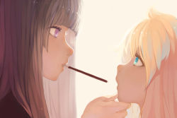 Rule 34 | 2girls, absurdres, aqua eyes, blonde hair, brown hair, closed mouth, eye contact, female focus, food, from side, hand on another&#039;s chin, highres, long hair, looking at another, mouth hold, multiple girls, open mouth, original, pocky, portrait, profile, purple eyes, simple background, white background, xingno dong qingwa, yuri