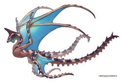 Rule 34 | animal focus, blue wings, brown horns, chimera, commentary request, copyright notice, dragon, from side, full body, horizontal pupils, horns, monster, no humans, original, profile, simple background, single horn, solo, spikes, suction cups, tentacles, white background, wings, yamamura le, yellow eyes