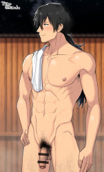 Rule 34 | 1boy, abs, arima (arima bn), bar censor, black hair, blush, censored, collarbone, cowboy shot, fate/grand order, fate (series), flaccid, highres, koha-ace, large pectorals, long hair, male focus, male pubic hair, muscular, nipples, nude, onsen, pectorals, penis, ponytail, pubic hair, sakamoto ryouma (fate), smile, solo, testicles, transparent censoring, upper body