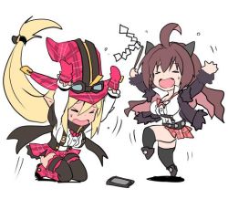 Rule 34 | 2girls, asahi, blonde hair, blush, borrowed character, breasts, brown hair, cellphone, chibi, dancing, female focus, hat, horns, jumping, large breasts, lilith-soft, long hair, magical girl, magical girl lilith, multiple girls, open mouth, phone, pointy ears, praying, rina (taimanin asagi), simple background, skirt, smartphone, smile, sweat, taimanin (series), taimanin asagi, taimanin asagi kessen arena, taimanin rpgx, white background, witch hat