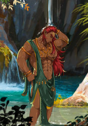 Rule 34 | 1boy, abs, absurdres, armlet, bara, bracelet, chest hair, clenched hand, commentary, day, deny pratama, english commentary, facial hair, forehead tattoo, ganondorf, gerudo, hand on own head, highres, jewelry, long hair, male focus, muscular, muscular male, navel, nintendo, nipple piercing, outdoors, pectorals, piercing, pointy ears, red hair, rehydrated ganondorf, solo, standing, the legend of zelda, very long hair, water, waterfall, wet