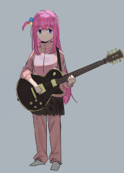 Rule 34 | 1girl, blue eyes, bocchi the rock!, closed mouth, cube hair ornament, electric guitar, gibson les paul, gotoh hitori, grey skirt, guitar, hair between eyes, hair ornament, hair over eyes, highres, holding, holding instrument, instrument, jacket, long hair, one side up, pants, pants under skirt, pikumin, pink hair, pink jacket, pink pants, pleated skirt, simple background, skirt, solo, track jacket, track pants