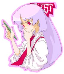 Rule 34 | 1girl, bow, female focus, from side, fujiwara no mokou, hair bow, hand on own face, holding, holding pencil, long sleeves, necktie, oekaki, pencil, red bow, red necktie, roku, roku (warrock), simple background, solo, suspenders, thinking, touhou, white background