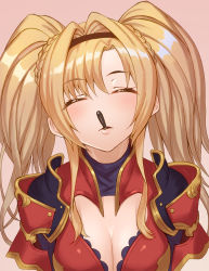 Rule 34 | 1girl, armor, black hairband, breasts, cleavage, cleavage cutout, closed eyes, clothing cutout, facing viewer, food, granblue fantasy, gwtm2288, hair intakes, hairband, highres, large breasts, long hair, mouth hold, parted lips, pink background, pocky, pocky day, pov, shoulder armor, sidelocks, simple background, solo, twintails, upper body, zeta (granblue fantasy)