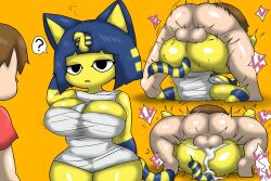 Rule 34 | 1boy, 1girl, ?, animal crossing, animal ears, ankha (animal crossing), ass, blush, breasts, brown hair, bulge, cat, cat ears, cat girl, cat tail, clothed sex, clothes, cum, cum in pussy, enigi09, erection, erection under clothes, furry, furry female, furry with non-furry, heart, highres, huge breasts, interspecies, large penis, nintendo, open mouth, penis, piledriver (sex), sex, short hair, speech bubble, tail, villager (animal crossing)