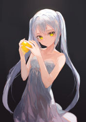 Rule 34 | 1girl, absurdres, bare arms, bare shoulders, black background, breasts, closed mouth, collarbone, commentary, dress, english commentary, grey dress, grey hair, hair between eyes, hands up, heart, highres, holding, ichika (ichika87), looking at viewer, original, simple background, small breasts, solo, strapless, strapless dress, twintails, yellow eyes
