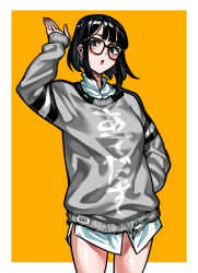 Rule 34 | 1girl, :o, absurdres, arm up, black hair, blush, border, character request, copyright request, earrings, glasses, grey sweater, hand in pocket, highres, jewelry, long shirt, long sleeves, looking at viewer, open mouth, shirt, short hair, simple background, solo, standing, sweater, white border, white shirt, yotaro