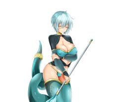 Rule 34 | 1girl, breast lift, breasts, choker, cleavage, closed eyes, dragon providence, facing viewer, lamia, large breasts, midriff, monster girl, official art, silver hair, snake tail, solo, staff, tail, transparent background