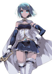 Rule 34 | 1girl, absurdres, blue eyes, blue hair, breasts, capelet, cloak, detached sleeves, expressionless, fortissimo, gloves, hair ornament, hand on own hip, highres, looking at viewer, mahou shoujo madoka magica, mahou shoujo madoka magica (anime), midriff, miki sayaka, miki sayaka (magical girl), misteor, musical note, musical note hair ornament, saber (weapon), short hair, small breasts, solo, sword, thighhighs, thighs, weapon, white background, white capelet, white gloves, white thighhighs, zettai ryouiki