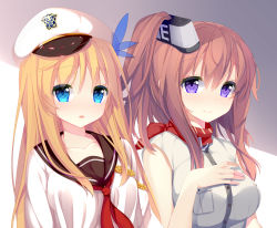 Rule 34 | 10s, 2girls, absurdres, anchor, ascot, beret, blonde hair, blush, breast pocket, breast pockets, breasts, brown hair, dress, full-face blush, hat, highres, historical name connection, jyt, kantai collection, large breasts, long hair, medium breasts, multiple girls, name connection, neckerchief, pocket, ponytail, red neckerchief, sailor dress, saratoga (kancolle), saratoga (warship girls r), side ponytail, warship girls r, white dress