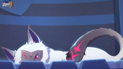 Rule 34 | animal, animal ears, bedroom, cat, cat ears, ears up, facial mark, forehead mark, highres, honkai (series), honkai impact 3rd, indoors, logo, looking at object, lying, official art, official wallpaper, red eyes, slit pupils, stan (honkai impact), tail, typing, white fur