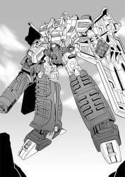Rule 34 | 1boy, arm cannon, cannon, cloud, decepticon, greyscale, insignia, kamizono (spookyhouse), machine, machinery, male focus, mecha, mechanical wings, megatron, monochrome, mountain, no humans, redesign, robot, science fiction, sky, solo, transformers, weapon, wings