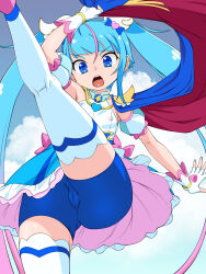 Rule 34 | 1girl, bike shorts, blue cape, blue eyes, blue hair, blue shorts, breasts, cameltoe, cape, cleft of venus, covered erect nipples, cure sky, dress, fingerless gloves, gloves, hair ornament, heart, heart hair ornament, high kick, highres, hirogaru sky! precure, kicking, leg up, long hair, looking at viewer, multicolored hair, nurugamer-kouyouju, open mouth, pink hair, precure, red cape, shorts, small breasts, solo, sora harewataru, streaked hair, teeth, thighhighs, twintails, two-sided cape, two-sided fabric, upper teeth only, white dress, white gloves, white thighhighs