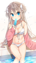 Rule 34 | 1girl, bikini, blue eyes, breasts, cleavage, collarbone, commentary request, cowboy shot, food, front-tie top, grey hair, halterneck, highres, jacket, long hair, looking at viewer, medium breasts, open clothes, open jacket, original, pink jacket, pool, poolside, popsicle, sitting, soaking feet, solo, swimsuit, tile floor, tiles, two side up, water, white bikini, yui (yui9487)