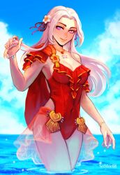 Rule 34 | 1girl, absurdres, blush, cape, casual one-piece swimsuit, closed mouth, edelgard von hresvelg, fire emblem, fire emblem: three houses, fire emblem heroes, frilled one-piece swimsuit, frills, hair ornament, hair ribbon, highres, long hair, looking at viewer, nintendo, one-piece swimsuit, purple eyes, red cape, red one-piece swimsuit, ribbon, sethkiel, smile, solo, swimsuit, uniform, water, white hair