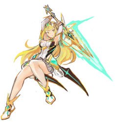 Rule 34 | 1girl, aegis sword (xenoblade), armpits, arms up, blonde hair, breasts, circlet, cleavage, cleavage cutout, closed mouth, clothing cutout, dress, earrings, elbow gloves, full body, gloves, highres, holding, holding sword, holding weapon, jewelry, long hair, long sleeves, looking at viewer, medium breasts, mythra (xenoblade), simple background, smile, solo, swept bangs, sword, tim (a9243190a), weapon, white background, white dress, white footwear, white gloves, xenoblade chronicles (series), xenoblade chronicles 2, yellow eyes