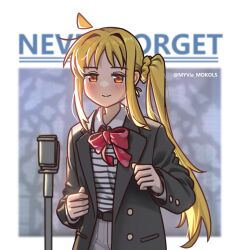 Rule 34 | 1girl, ahoge, black jacket, blonde hair, blush, bocchi the rock!, bow, bowtie, closed mouth, collared shirt, commentary, cosplay, english text, gibberish commentary, grey pants, hands up, highres, ijichi nijika, jacket, long hair, long sleeves, microphone, myjet, never gonna give you up, open clothes, open jacket, orange eyes, pants, red bow, red bowtie, rick astley, rick astley (cosplay), shirt, side ponytail, smile, solo, striped clothes, striped shirt, twitter username, upper body, white shirt