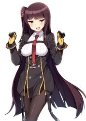 Rule 34 | 1girl, absurdres, black pantyhose, black skirt, blazer, blush, breasts, closed mouth, collared shirt, framed breasts, girls&#039; frontline, gloves, hair ribbon, half-closed eye, half updo, hands up, high-waist skirt, highres, jacket, jju kumey, long hair, looking at viewer, medium breasts, necktie, one side up, open mouth, pantyhose, pelvic curtain, purple hair, red eyes, red necktie, red ribbon, ribbon, shirt, simple background, skirt, solo, standing, striped clothes, striped shirt, very long hair, wa2000 (girls&#039; frontline), white background