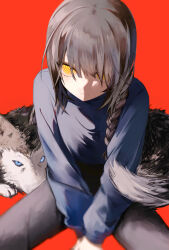 Rule 34 | 1girl, absurdres, black hair, blue eyes, braid, braided ponytail, chainsaw man, dog, grey sweater, hair between eyes, hair over one eye, hair over shoulder, highres, husky, looking at viewer, medium hair, myuz, nayuta (chainsaw man), red background, reincarnation, ringed eyes, simple background, solo, sweater, sweater tucked in, yellow eyes