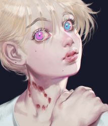 Rule 34 | 1boy, absurdres, bad id, bad twitter id, bite mark, black background, blonde hair, blood, blue eyes, commentary, english commentary, eyelashes, hair between eyes, hair over one eye, han seung hee, hand on own shoulder, heterochromia, highres, lips, looking at viewer, male focus, mole, mole above eye, mole under eye, mole under mouth, original, platinum blonde hair, portrait, shirt, simple background, solo, white shirt
