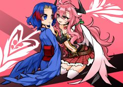 Rule 34 | 2girls, arrow (projectile), blue eyes, blue hair, hand on another&#039;s face, harpy, heart, heart-shaped pupils, kaida michi, long hair, monster girl, multiple girls, open mouth, pink background, pink eyes, pink hair, short hair, skirt, smile, symbol-shaped pupils, winged arms, wings, yuri