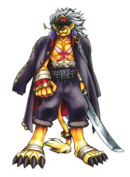 Rule 34 | 1boy, abs, absurdres, bancholeomon, banchou, bandai, delinquent, digimon, digimon (creature), expressionless, furry, furry male, gakuran, highres, holding, holding sword, holding weapon, large pectorals, manly, official art, pectorals, scan, scar, scar on chest, school uniform, shaded face, sharp teeth, solo, straw (stalk), sword, tail, teeth, tokkoufuku, weapon